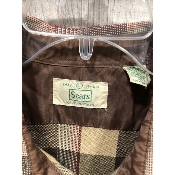 Sears Mens Vintage 80s/90s Button Front Shirt Brown Plaid Acrylic Tall L 16-16.5 - Picture 3 of 4